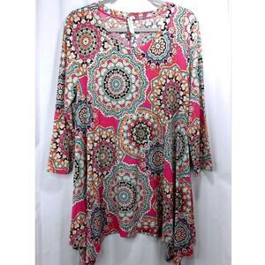 Paisley Grace Pink Mandela Print Round‎ Neck Hankerchief Hem Blouse Top Size L